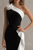 Vestido largo de corbata negra con volantes de sirena de un solo hombro