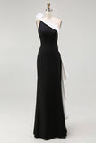 Vestido largo de corbata negra con volantes de sirena de un solo hombro