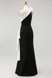 Vestido largo de corbata negra con volantes de sirena de un solo hombro