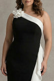 Vestido largo de sirena negra con volantes y talla grande de un hombro y flor 3D