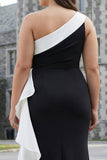 Vestido largo de sirena negra con volantes y talla grande de un hombro y flor 3D