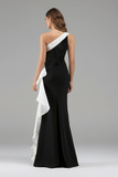 Vestido largo de corbata negra con volantes de sirena de un solo hombro
