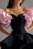 A Line Ruffles Off The Shoulder Vestido corto de corbata negra