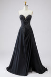 Vestido de fiesta largo de satén Novia de línea A negro con apliques de encaje