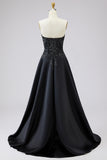 Vestido de fiesta largo de satén Novia de línea A negro con apliques de encaje