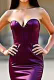 Bodycon Plum Strapless Corsé Vestido de Fiesta Largo de Satén