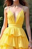 Amarillo A Line Spaghetti Straps Vestido de Fiesta con Volantes Largos con Abertura