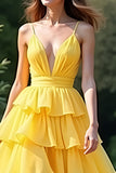 Amarillo A Line Spaghetti Straps Vestido de Fiesta con Volantes Largos con Abertura