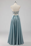 Gris Azul A Línea Strapless Corsé Vestido de Fiesta Largo de Satén con Abalorios