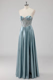 Gris Azul A Línea Strapless Corsé Vestido de Fiesta Largo de Satén con Abalorios