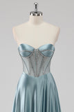 Gris Azul A Línea Strapless Corsé Vestido de Fiesta Largo de Satén con Abalorios
