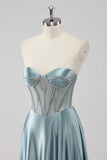 Gris Azul A Línea Strapless Corsé Vestido de Fiesta Largo de Satén con Abalorios