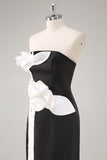 Vestido de invitada de boda sin tirantes con vaina negra con flores 3D