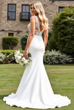 Vestido de novia de encaje con escote en V fruncido de sirena marfil con abertura