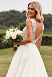 Vestido de novia con escote en V de encaje de línea A marfil con abertura