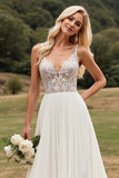 Vestido de novia largo de encaje de gasa de línea marfil con abertura