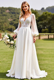 Vestido de novia de encaje de manga larga marfil con apliques