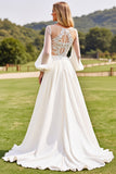 Vestido de novia de encaje de manga larga marfil con apliques