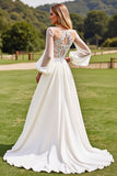 Vestido de novia de encaje de manga larga marfil con apliques