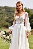 Vestido de novia de encaje de manga larga marfil con apliques