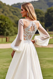 Vestido de novia de encaje de manga larga marfil con apliques
