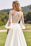 Vestido de novia de encaje de manga larga marfil con apliques