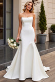 Elegante vestido de novia de satén marfil sirena sin tirantes