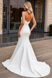 Elegante vestido de novia de satén marfil sirena sin tirantes