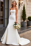 Elegante vestido de novia de satén marfil sirena sin tirantes