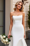 Elegante vestido de novia de satén marfil sirena sin tirantes