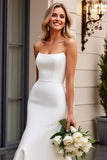 Elegante vestido de novia de satén marfil sirena sin tirantes