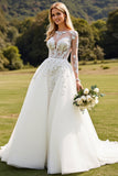Vestido de novia de manga larga lvory A Line Lace con apliques