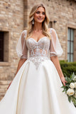lvory A Line Half Mangas Vestido de Novia Largo con Apliques