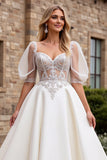 lvory A Line Half Mangas Vestido de Novia Largo con Apliques