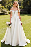 Vestido de novia largo de satén con diamantes de imitación blancos de línea A con hombros descubiertos