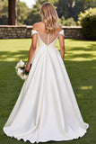 Vestido de novia largo de satén con diamantes de imitación blancos de línea A con hombros descubiertos