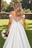 Vestido de novia largo de satén con diamantes de imitación blancos de línea A con hombros descubiertos