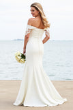 Vestido de novia largo de satén con encaje de sirena blanca con hombros descubiertos