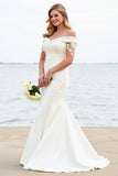 Vestido de novia largo de satén con encaje de sirena blanca con hombros descubiertos