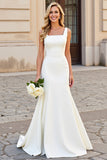 Vestido de novia largo de satén con cuello cuadrado sirena blanco