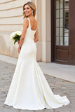 Vestido de novia largo de satén con cuello cuadrado sirena blanco