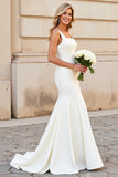 Vestido de novia largo de satén con cuello cuadrado sirena blanco