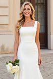 Vestido de novia largo de satén con cuello cuadrado sirena blanco