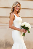Vestido de novia largo de satén con cuello cuadrado sirena blanco