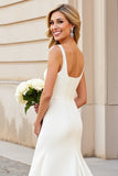 Vestido de novia largo de satén con cuello cuadrado sirena blanco