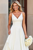 Vestido de novia largo con volantes con tirantes finos de línea A blanco