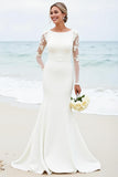 Vestido de novia de raso satinado de manga larga sirena blanco con encaje