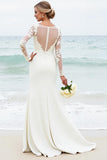 Vestido de novia de raso satinado de manga larga sirena blanco con encaje