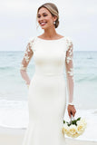 Vestido de novia de raso satinado de manga larga sirena blanco con encaje