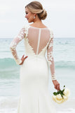 Vestido de novia de raso satinado de manga larga sirena blanco con encaje